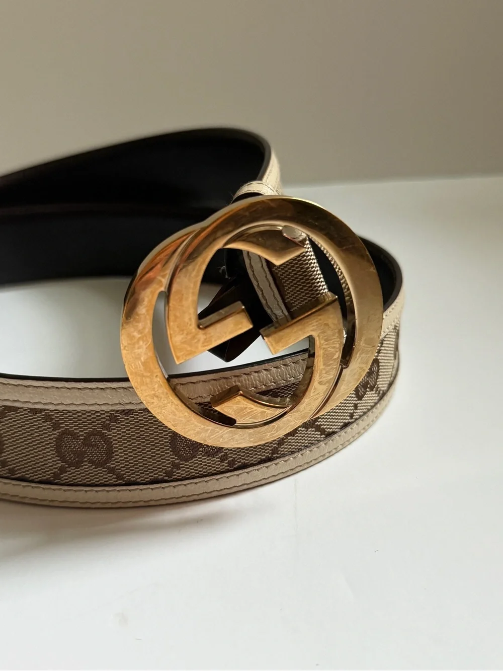 Gucci Beige Monogram Canvas Belt with Gold Double G Buckle